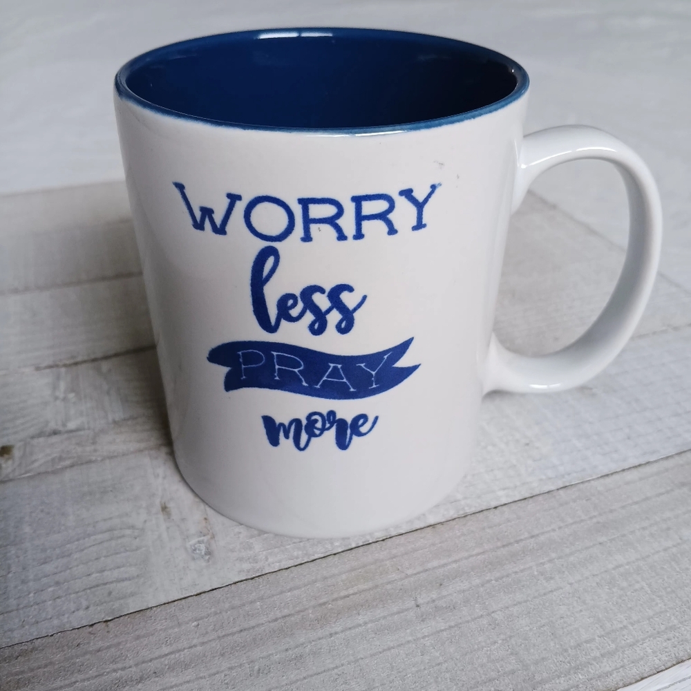 Worry Less Pray More Mug White & Blue Inspirational Coffee Cup Tea Hot Cocoa